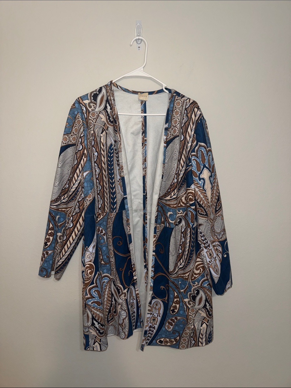 Chico's Long Cardigan/Duster Open Front Faux Suede Blue/Brown/Tan Paisley B4